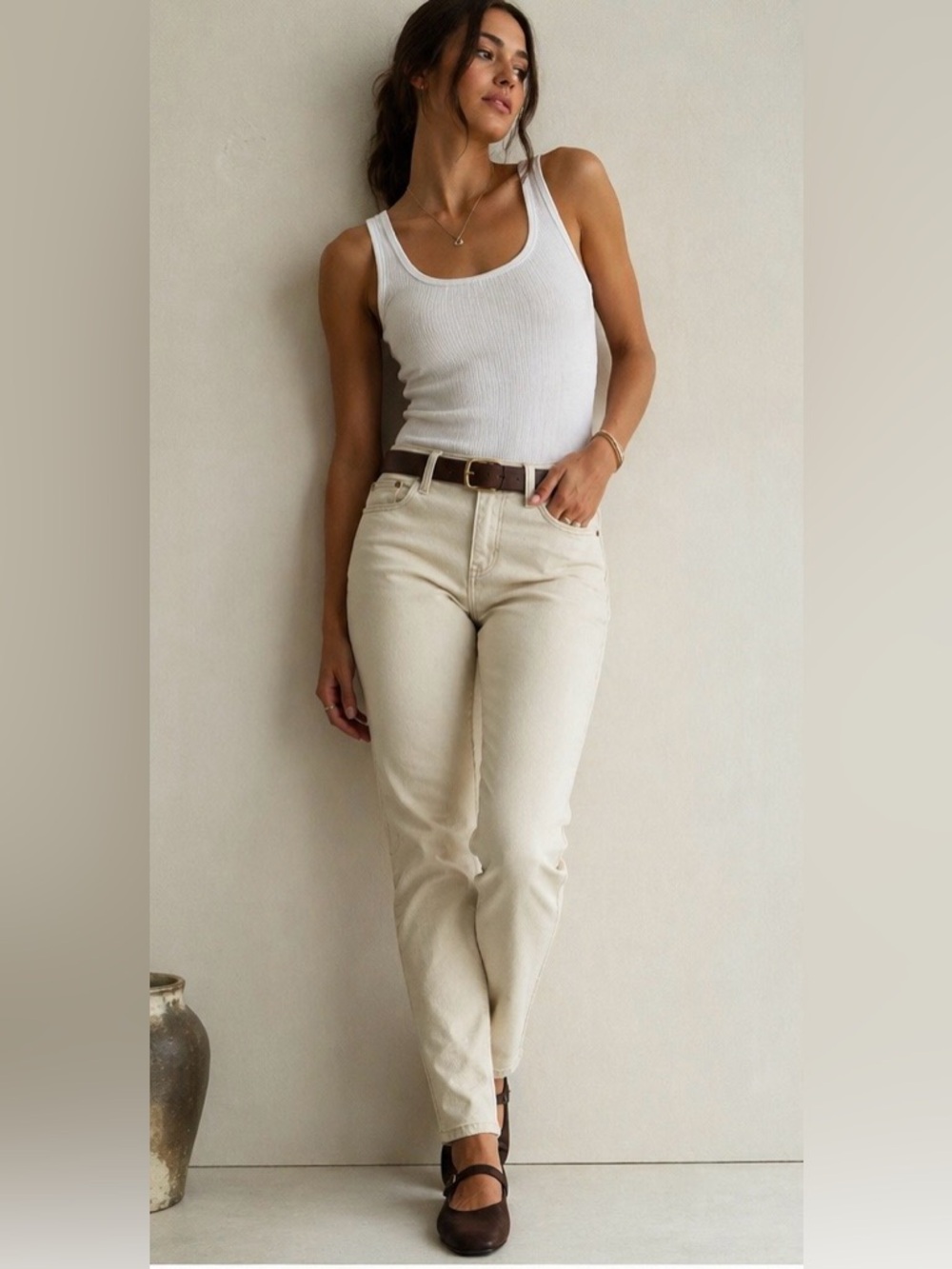 Seven7 High-Rise Straight Jeans in color stone size 10 capsule wardrobe chic